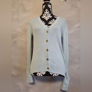 Tory Burch Simone Ribbed Button Down Cardigan Blue Gold Cotton Sz S